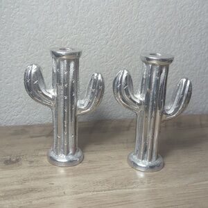 Vintage Silver Tone Cactus Candle Holders Pair Southwest Desert Decor Boho